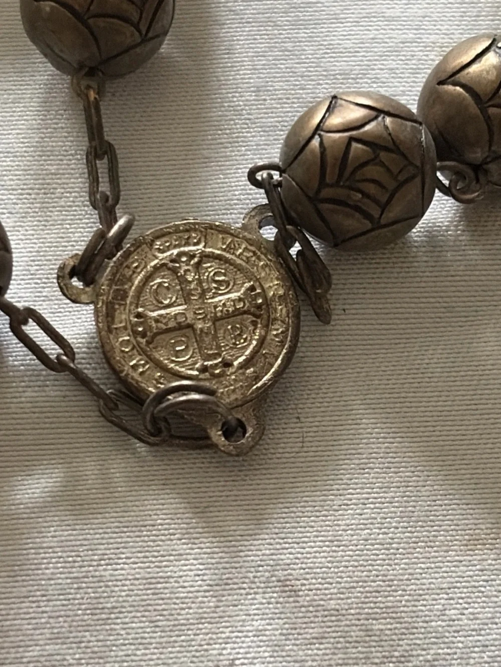 Antique-Style Brass Rosary Beaded Necklace with Crucifix